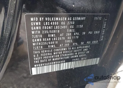 2013 Volkswagen Tiguan S/Se/Sel из США, поврежденный, VIN WVGBV3AX0DW564995